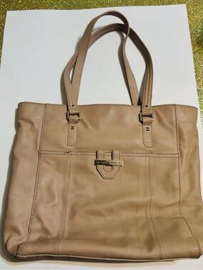 Cole Haan Beige Leather Tote with Front Plaque